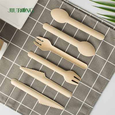 Ensemble jetable biodégradable fait sur commande de cuillère de fourchette de couteau de bagasse de canne à sucre de vaisselle plate de couverts